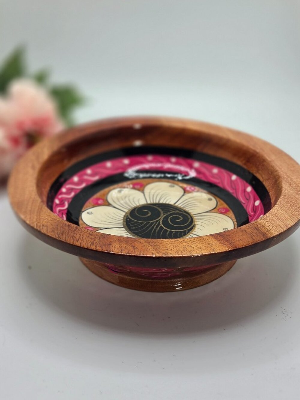 Hand-Painted Wooden Bowl With Colorful Floral Pink Design Decor Trinket Bowl